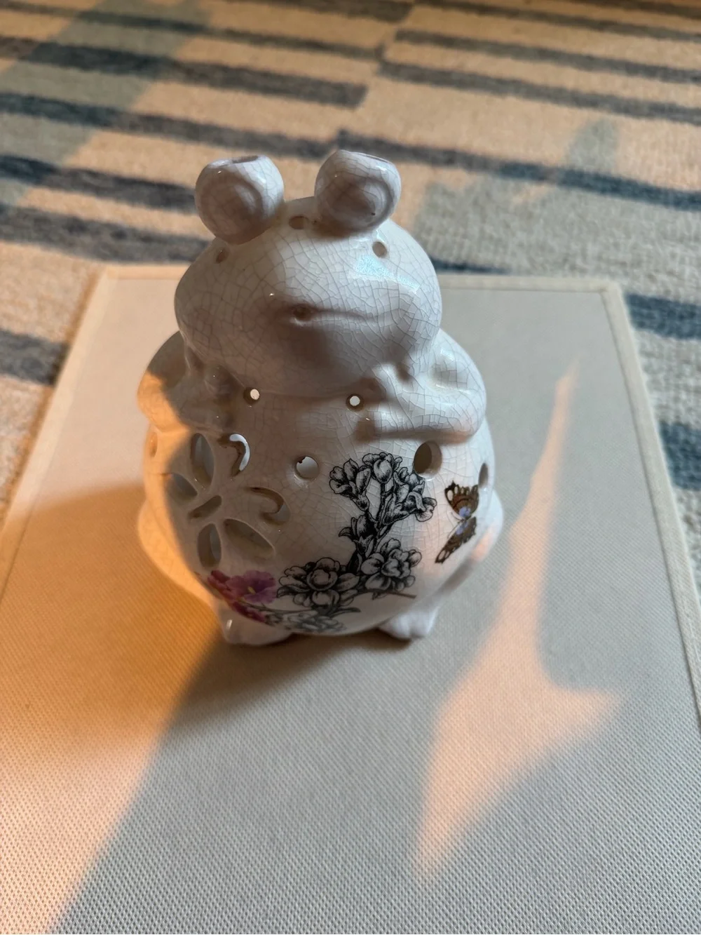 Source Unknown White Ceramic Frog Lantern with Floral and Butterfly Motifs
